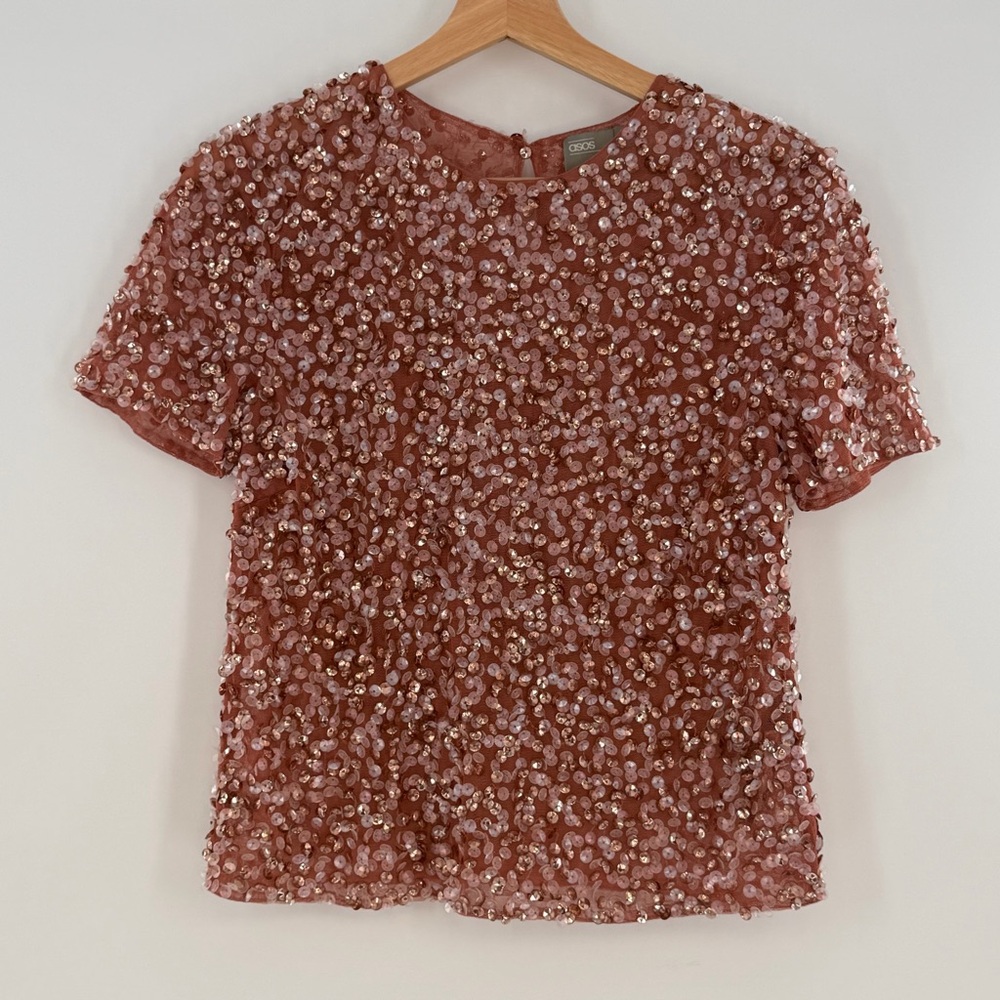 asos Rose All Over Sequin Short Sleeve T-Shirt Size 4
